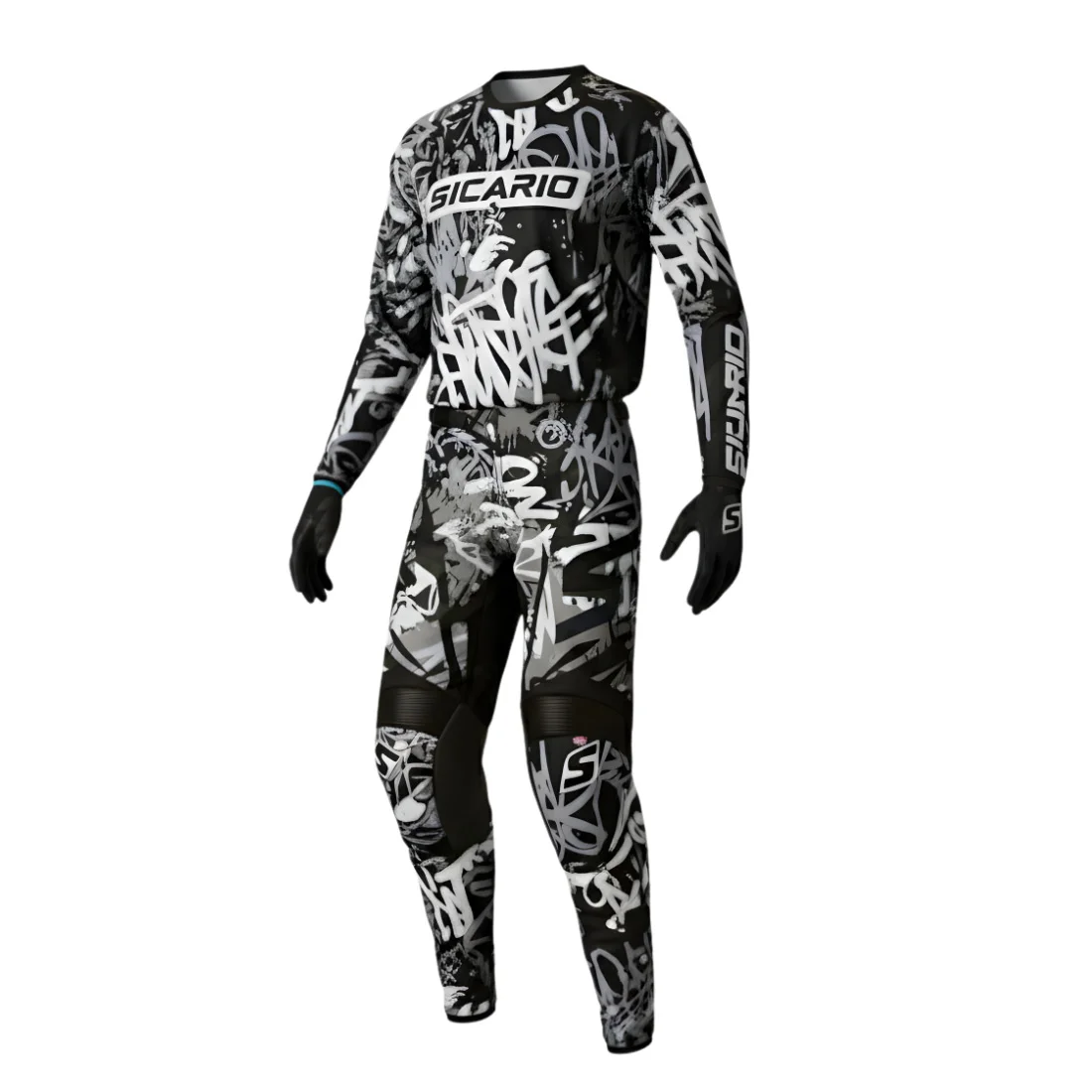 Sicario SMX-3409 Motocross Gear | Graffiti MX Race Suit | Custom Dirt Bike Apparel | Fluo Green, Multi Orange, Black & White | Made-to-Measure Off-Road Kit